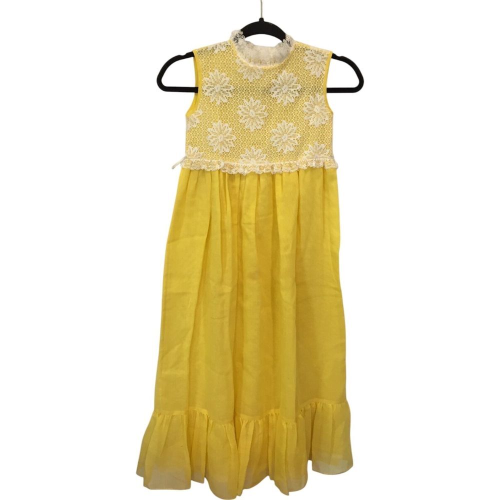 Vintage Girl's Yellow Pleated Ruffled Dress‎ Sleeveless Floral Lace Button Back